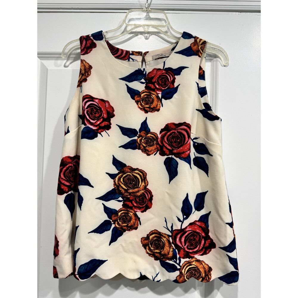 Cute white dressy women top with red and blue flowers roses medium